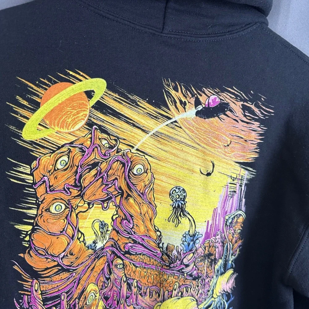 Rick and Morty Adult Swim Graphic Hoodie Black Trippy Back Print Mens Small